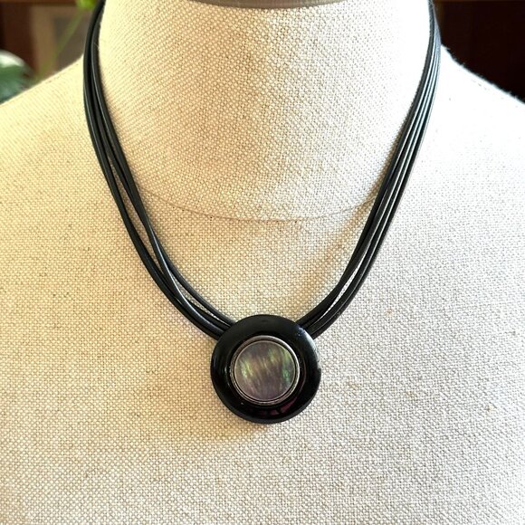 Iridescent Cabochon Necklace, Black Leather Cord - Picture 1 of 8